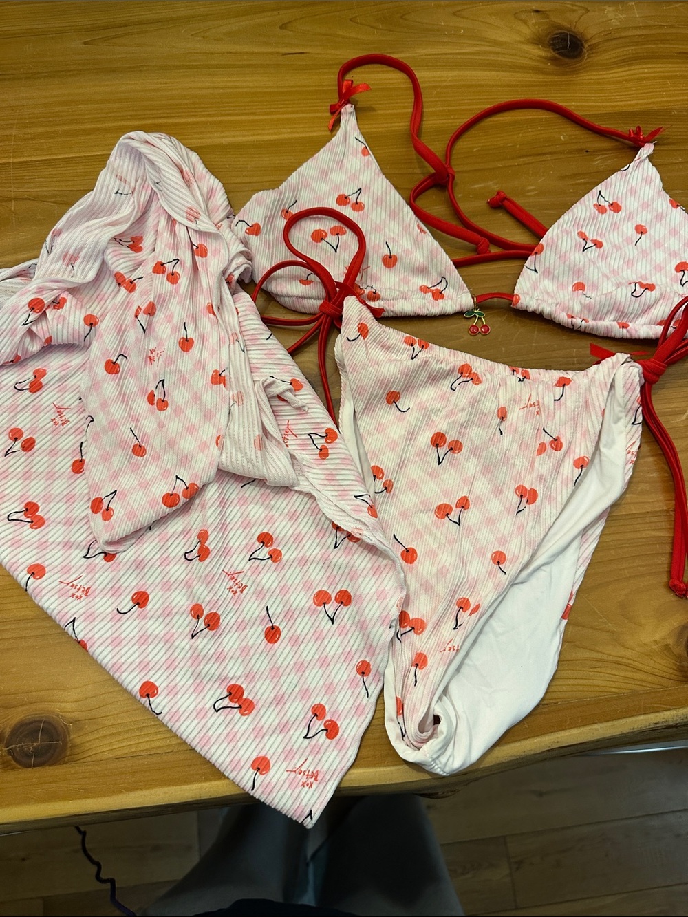 Betsey Johnson Pink & Red Cherry Triangle Bikini Set with Cover-Up large